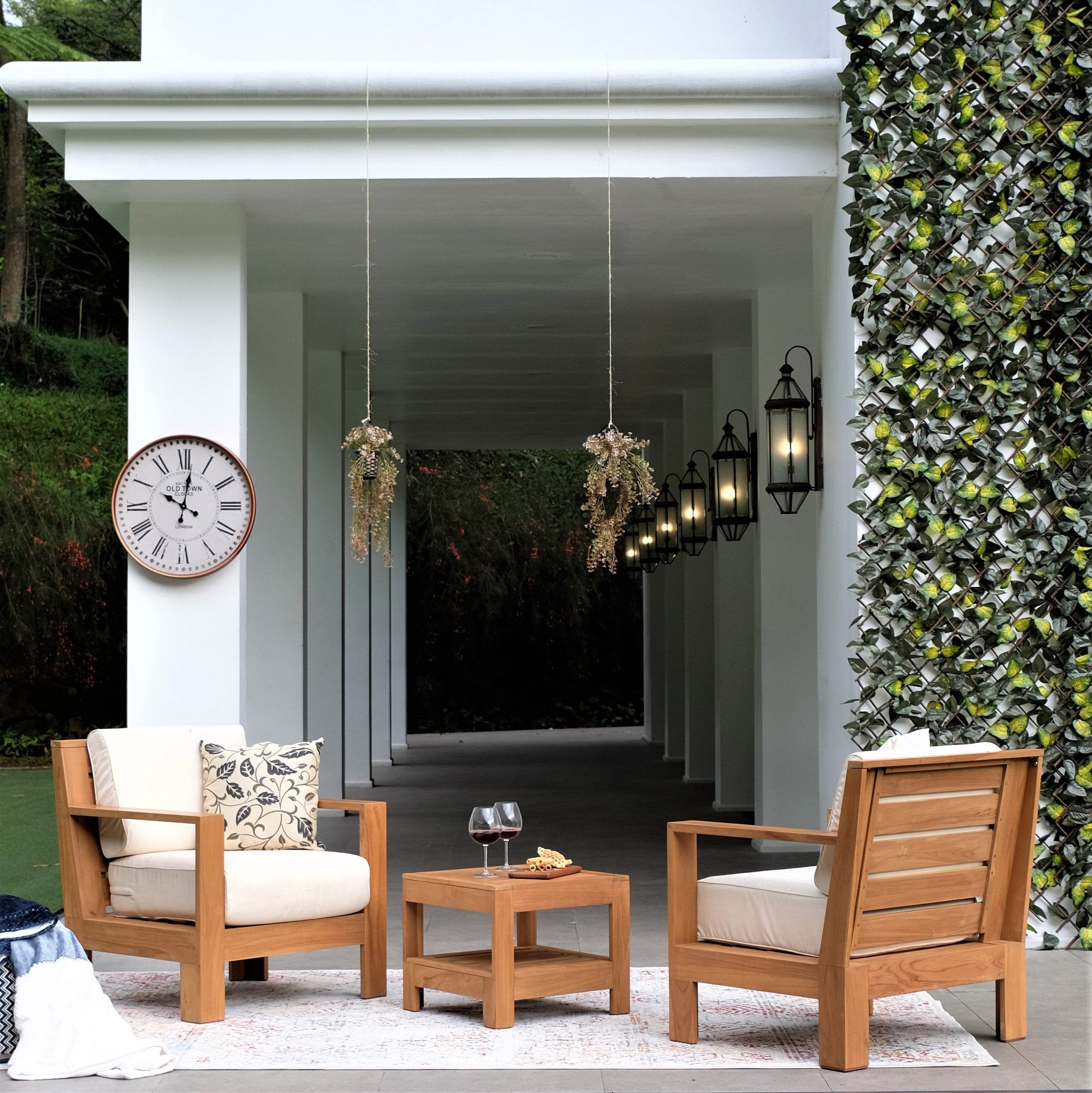 Logan Teak Wood 5 Piece Patio Conversation Set with Sunbrella Vellum Cushion - Image 7