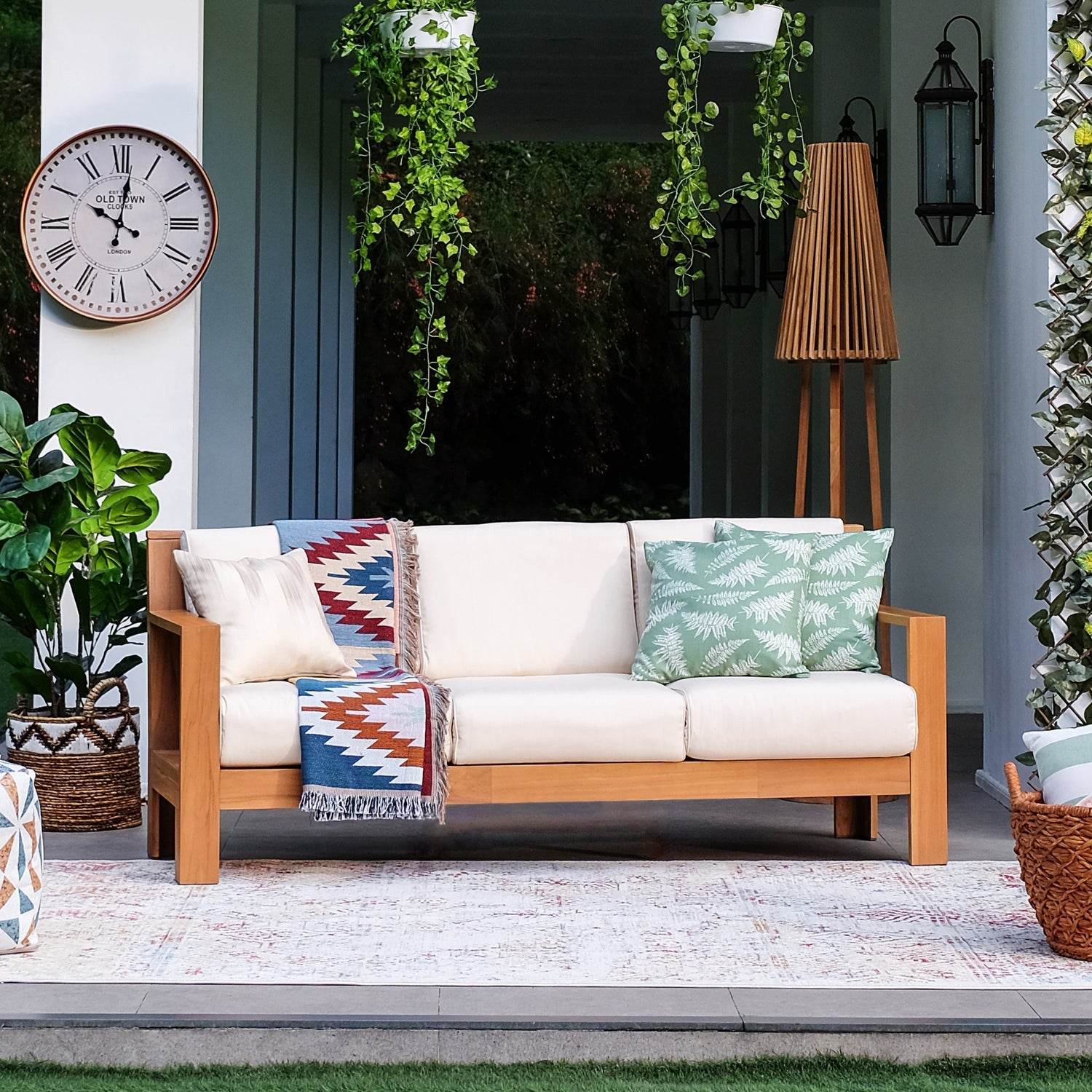 Logan Teak Wood 5 Piece Patio Conversation Set with Sunbrella Vellum Cushion - Image 8