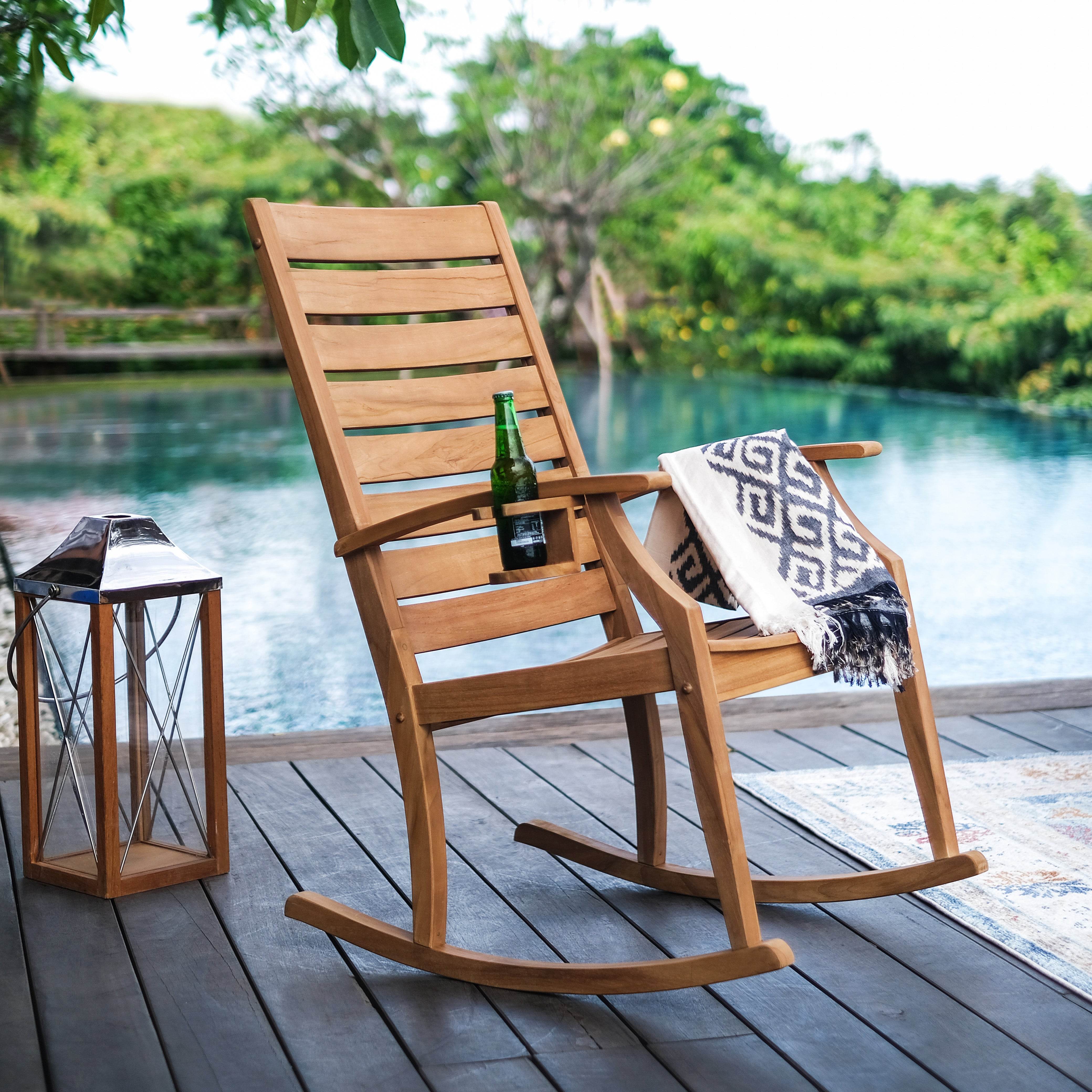Logan Teak Wood Porch Rocking Chair with Cup Holder