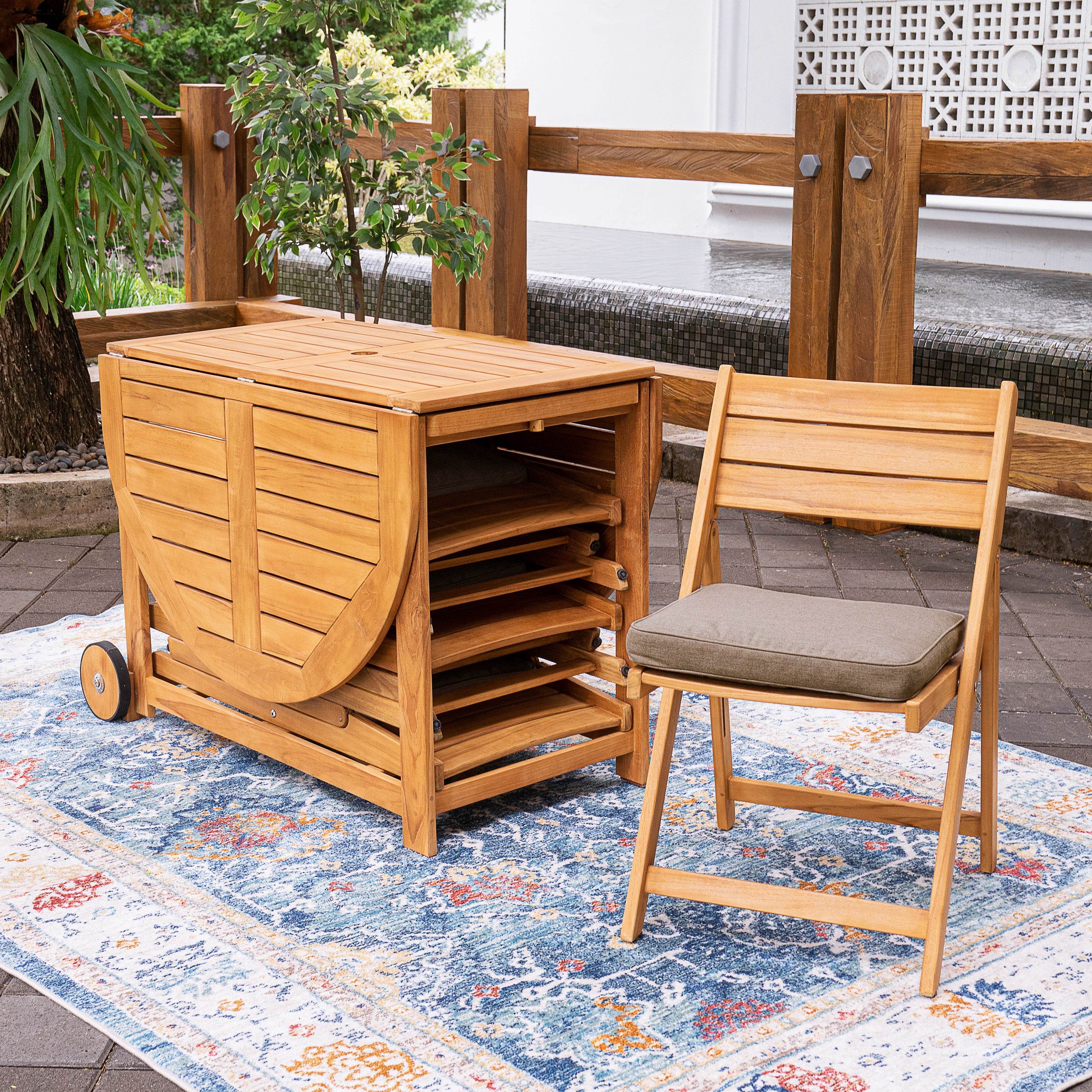Miami 7 Piece Teak Outdoor Folding Dining Set with Sunbrella Cast Shale Seatpad - Image 9